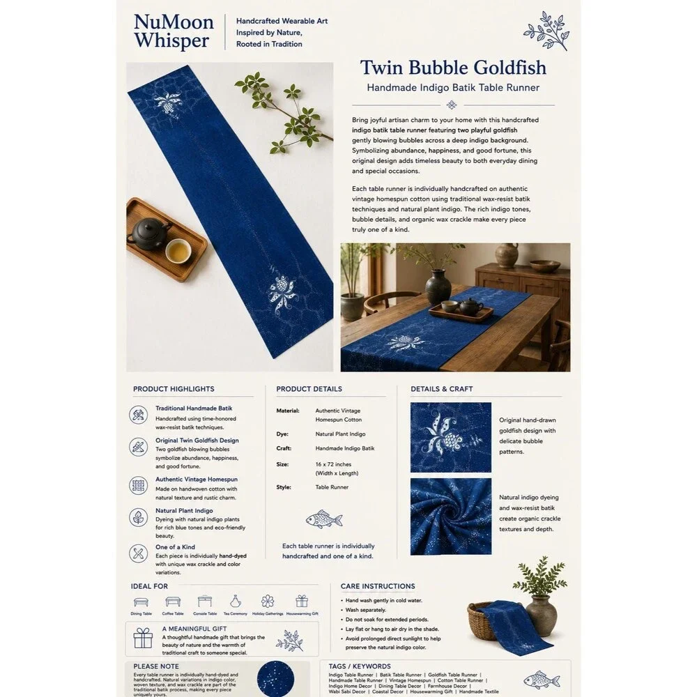 Indigo Batik Goldfish Table Runner | Handmade Cotton Dining Table Decor